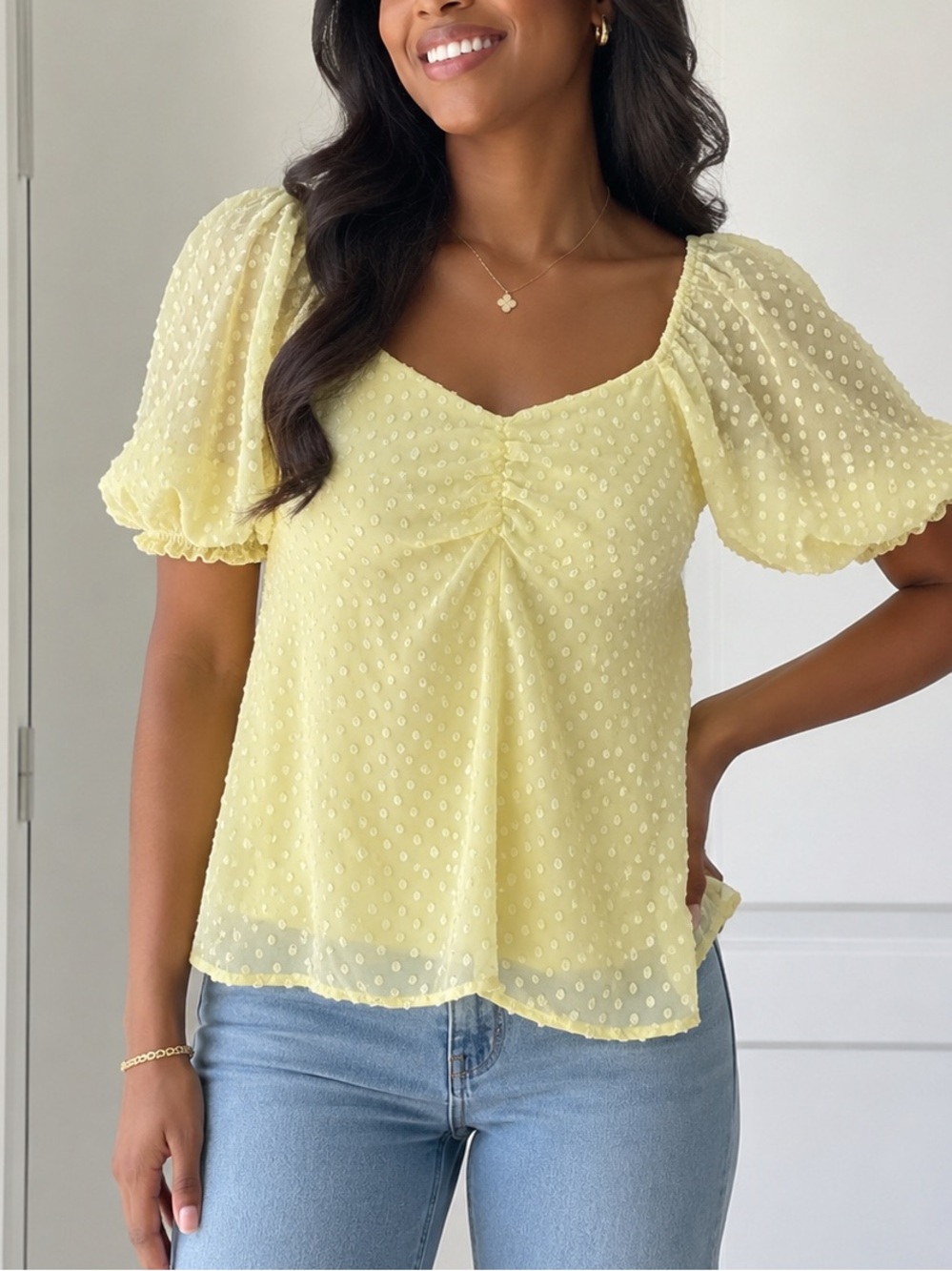 Light Yellow Swiss Dot Puff Sleeve Women's Top